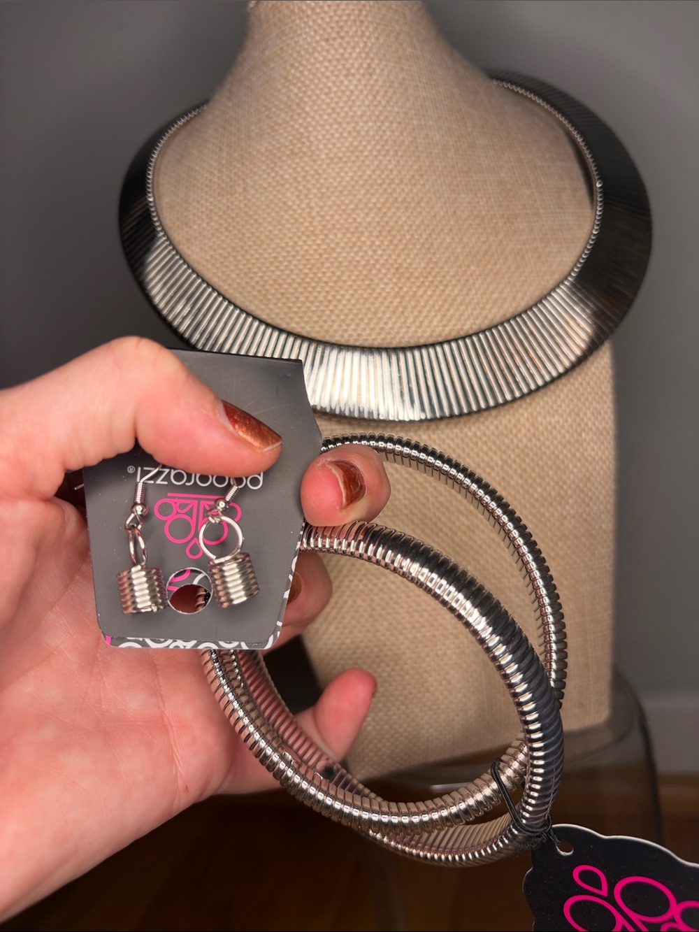 paparazzi Silver Ribbed Coil Necklace and Bracelet and earrings set